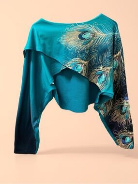 Peacock-Print Teal Cropped Top